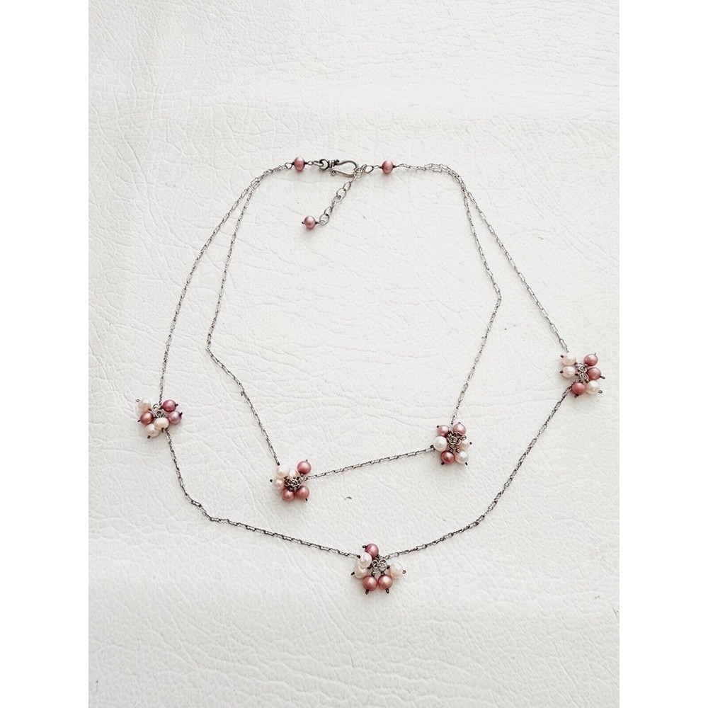 Sterling Silver Station Pink Freshwater Pearl Romantic Necklace